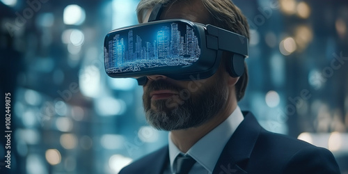 Businessman Wearing Virtual Reality Glasses With Real Estate Developer about Megapolis Project photo