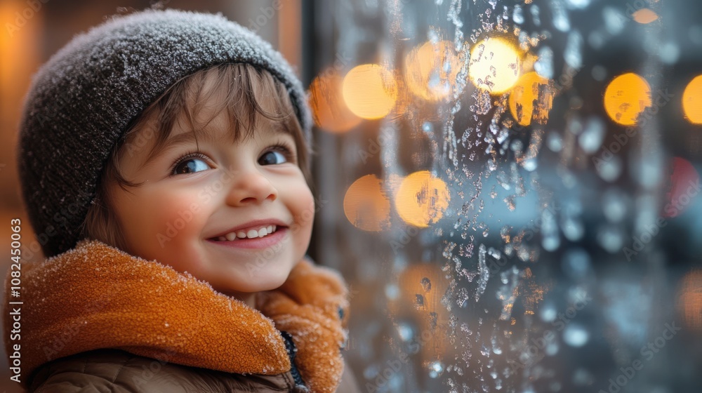 Joyful Child Gazing at Rainy Window with Warm Glow Joyful Child Gazing at Rainy Window with Warm Glow
