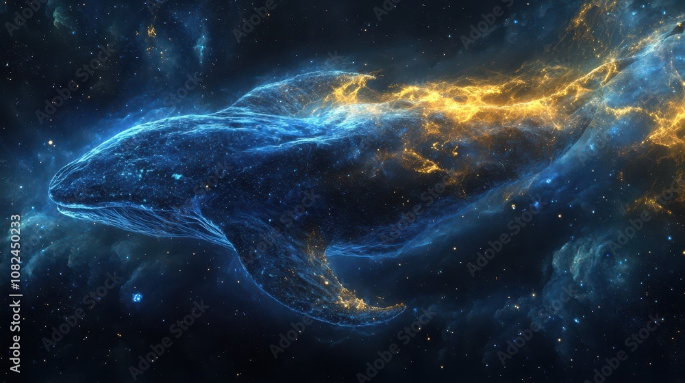 Fototapeta premium Celestial leviathan breaching dimensional veils: Interconnected star systems create a cosmic backdrop of abyssal blues and astral highlights. Perfect for spiritual and mystic themes.