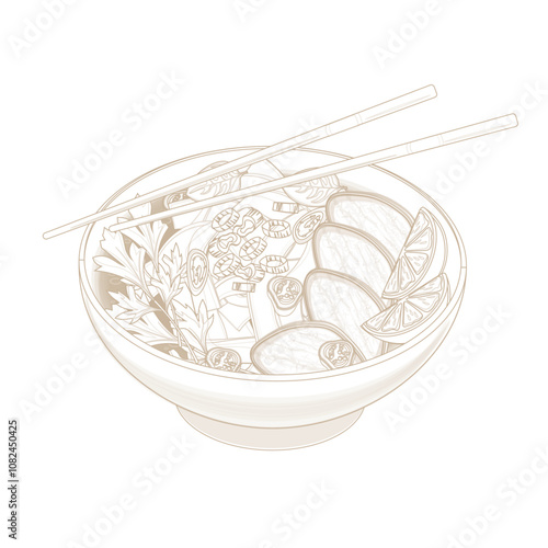 Vector Illustration Logo Line art Vietnamese rice noodles with beef or Pho Noodles