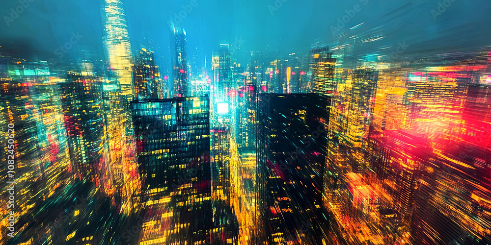 Vibrant cityscape with dazzling lights creates a futuristic atmosphere.