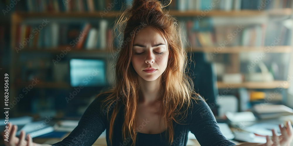 Fototapeta premium woman meditation on chaos mess line positive energy