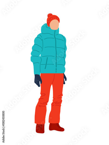 Person wearing a warm winter coat with boots and gloves ready for outdoor activity in cold weather