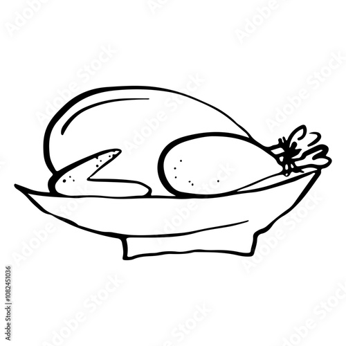 Roast turkey,  doodle drawing,  sketch style vector illustration, outline