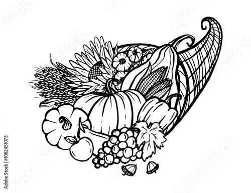 Thanksgiving cornucopia horn outline with vegetables and fruits, harvest and wealth symbol, vector illustration, sketch style drawing