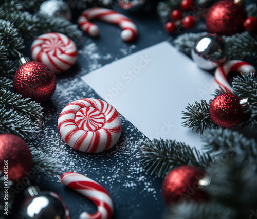 Mockup Blank Christmas Card with Festive Decorations vertical photo