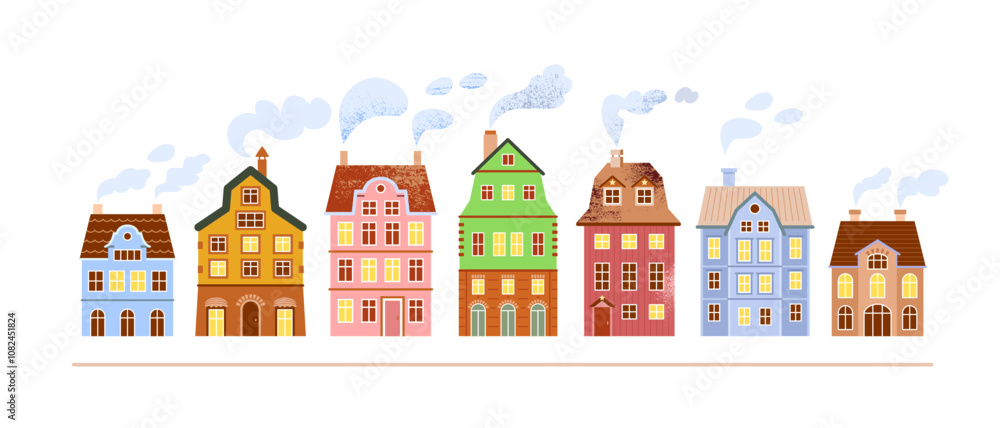 Fototapeta premium Winter street of seven colorful medieval European houses in old town on market square with smoke from chimneys. Cute vector horizontal illustration on white background for postcard, holiday greetings.