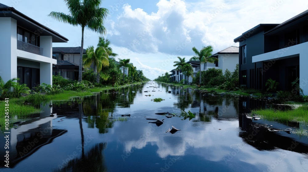 Serene waterway lined with modern homes and lush greenery. Serene waterway lined with modern homes and lush greenery.
