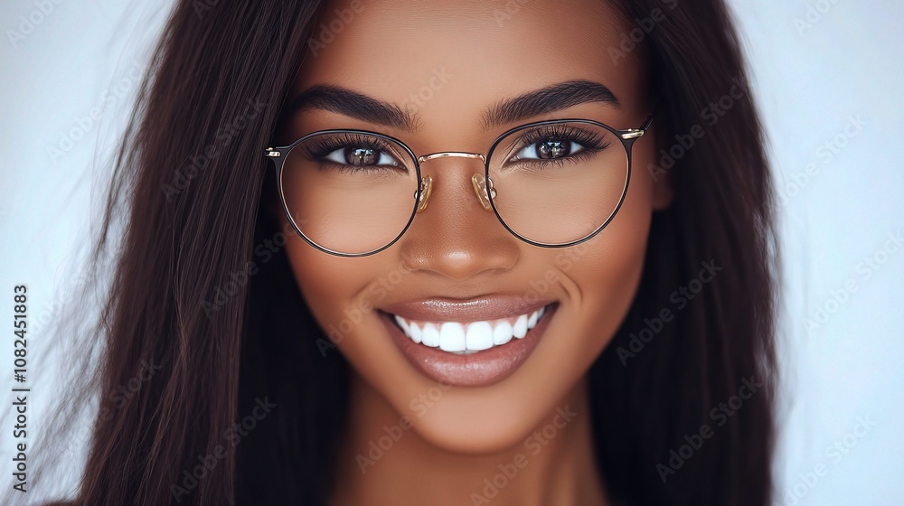 Happy African American Woman with Glasses Smiling Brightly Against a Clean Background, Showcasing Joy and Confidence, Perfect for Diverse Representation in Media Happy African American Woman with Glasses Smiling Brightly Against a Clean Background, Showcasing Joy and Confidence, Perfect for Diverse Representation in Media