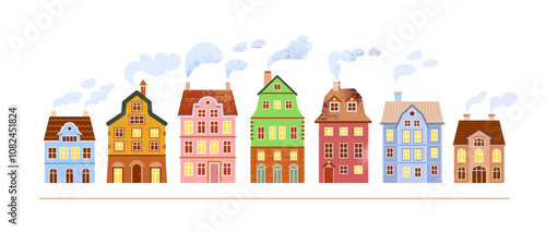 Winter street of seven colorful medieval European houses in old town on market square with smoke from chimneys. Cute vector horizontal illustration on white background for postcard, holiday greetings.