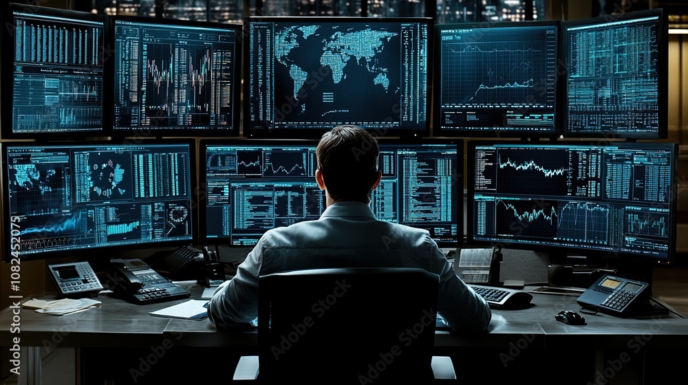 Man Looking at Multiple Screens Man Looking at Multiple Screens