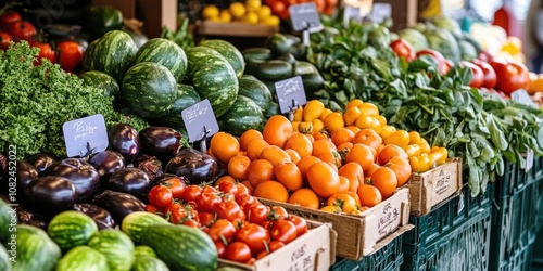 A vibrant display of fresh fruits and vegetables at a market stall.