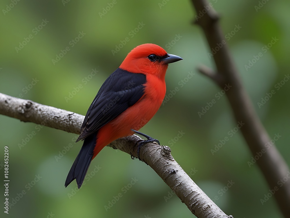 A Scarlet Tanager Perched on a Branch with Green Background A Scarlet Tanager Perched on a Branch with Green Background