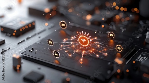 Abstract visualization of a modern technology network featuring wireless connectivity and data transfer symbols overlaid on a circuit board background in a high-tech environment