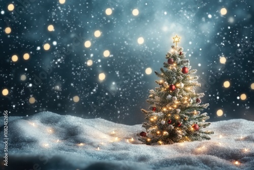 Outside Christmas tree in snow background with tree lights - generative ai