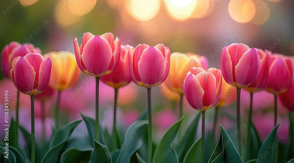Pink and yellow tulips in a field with a blurred background.