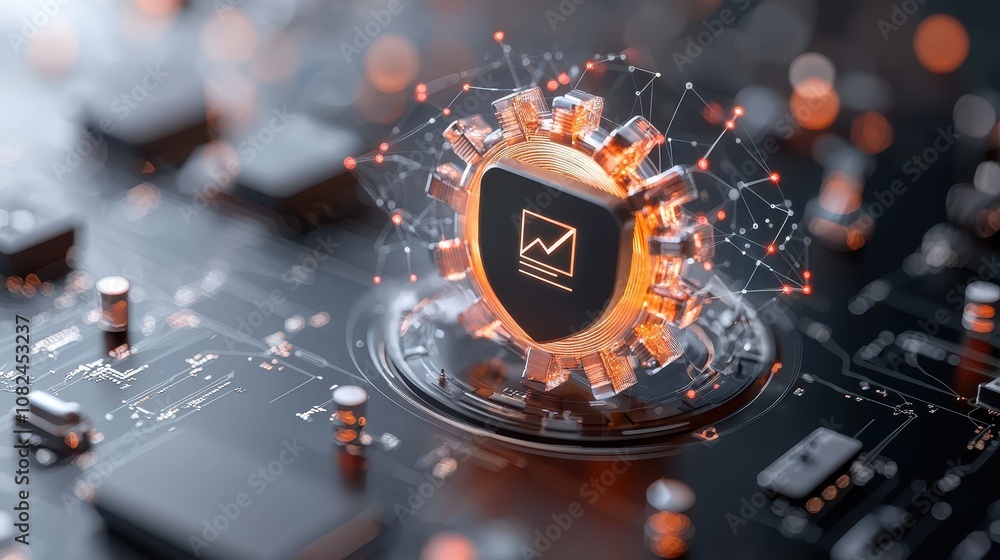 Fototapeta premium Abstract digital artwork showcasing a futuristic shield symbolizing protection and security in technology, surrounded by glowing connections and circuit patterns against a dark background