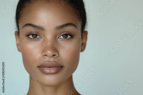 25 year old beautiful female model of African-American appearance, on the left. Kind facial expression on a light background. Advertising banner