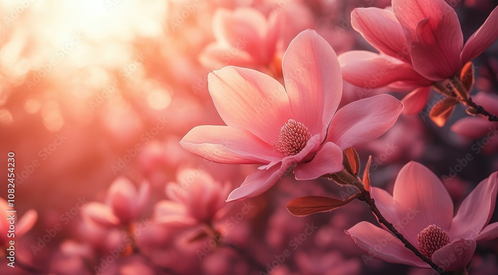Pink magnolia flowers blooming in sunlight. Pink magnolia flowers blooming in sunlight.