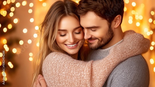 Tender Moment Between Loving Couple in Cozy Sweaters Surrounded by Warm Holiday Lights and Soft Bokeh for Romantic Winter Nights