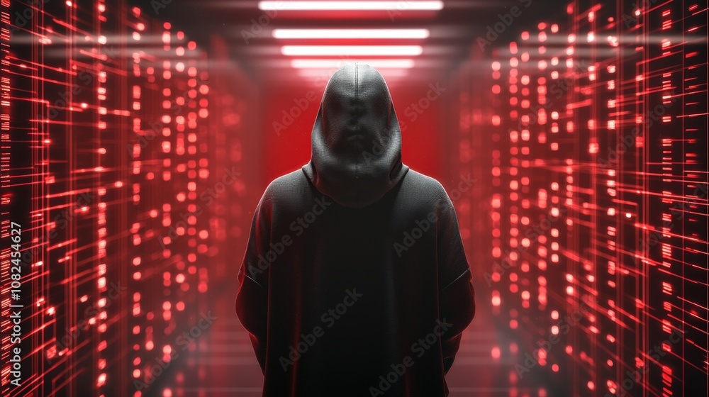 A mysterious figure in a hooded cloak stands against a backdrop of glowing red lights, evoking themes of technology and intrigue. A mysterious figure in a hooded cloak stands against a backdrop of glowing red lights, evoking themes of technology and intrigue.