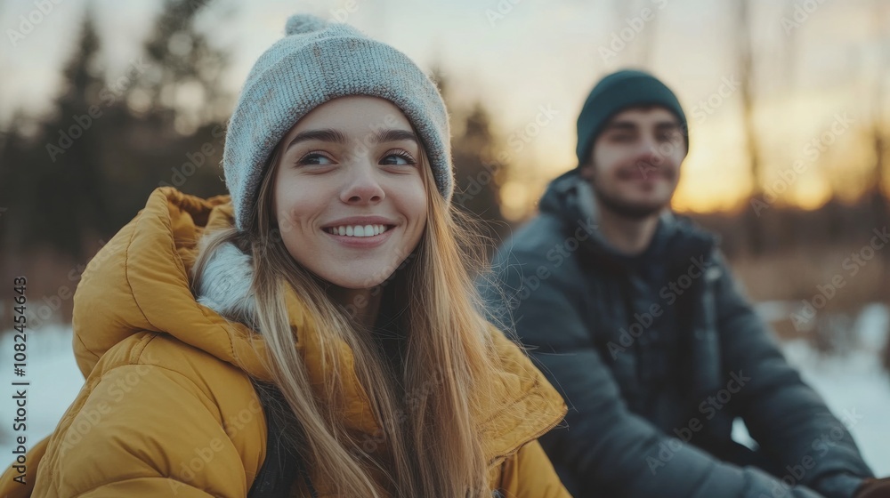 Young couple enjoying winter outdoors, smiling at sunset with golden light illuminating snow-covered landscape in a beautiful natural setting, wearing cozy jackets and hats Young couple enjoying winter outdoors, smiling at sunset with golden light illuminating snow-covered landscape in a beautiful natural setting, wearing cozy jackets and hats