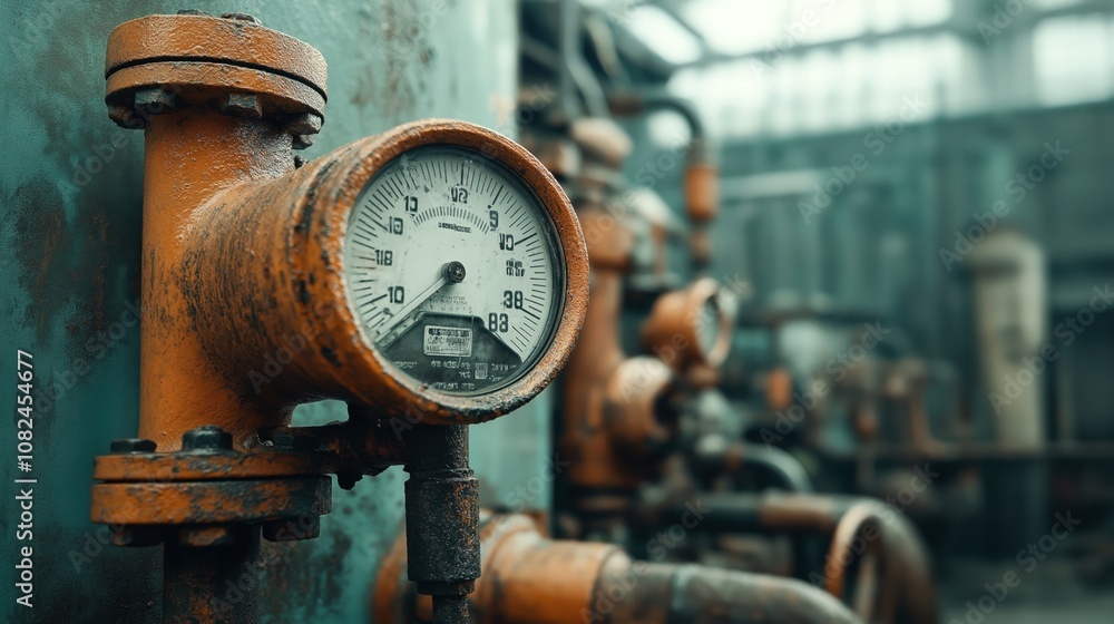 Industrial pressure gauge on rusty pipes with blurred background in old factory setting, highlighting machinery and equipment Industrial pressure gauge on rusty pipes with blurred background in old factory setting, highlighting machinery and equipment