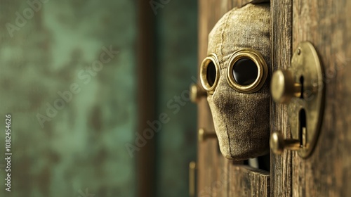 A mysterious, weathered skull with goggles peeks through a wooden door, evoking themes of curiosity and eeriness in a haunting setting.