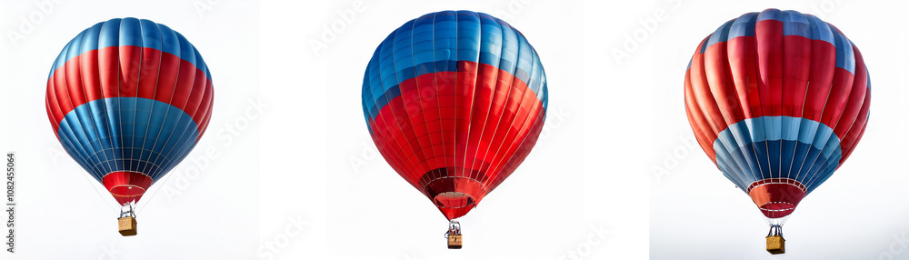 Obraz premium Three red and blue hot air balloons with white baskets are shown against a white background.