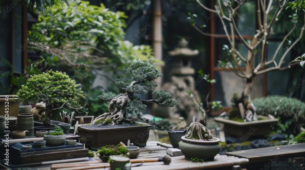 A tranquil bonsai gardening setup, Bonsai tools and trees systematically arranged, Zen gardening style