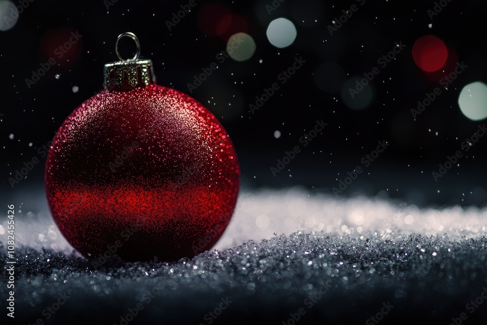 Red Christmas ball in backlight on black background - generative ai Red Christmas ball in backlight on black background - generative ai