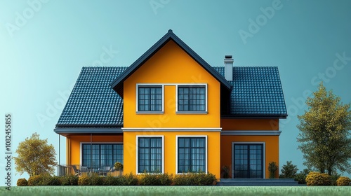 Bright yellow house with blue roof and surrounding greenery.