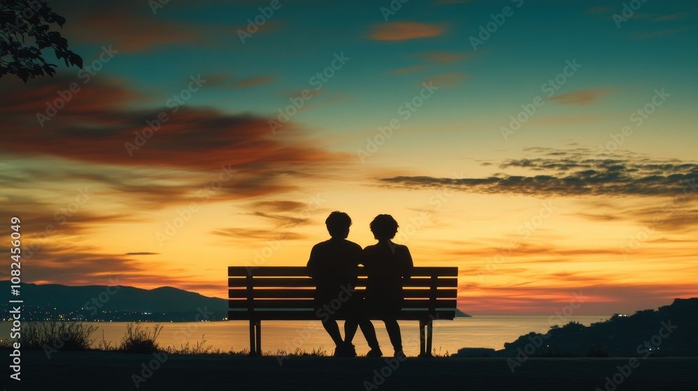 Romantic Sunset Silhouette of a Couple Sitting on a Park Bench Overlooking Serene Water with Vibrant Clouds and Scenic Hills in the Background Romantic Sunset Silhouette of a Couple Sitting on a Park Bench Overlooking Serene Water with Vibrant Clouds and Scenic Hills in the Background