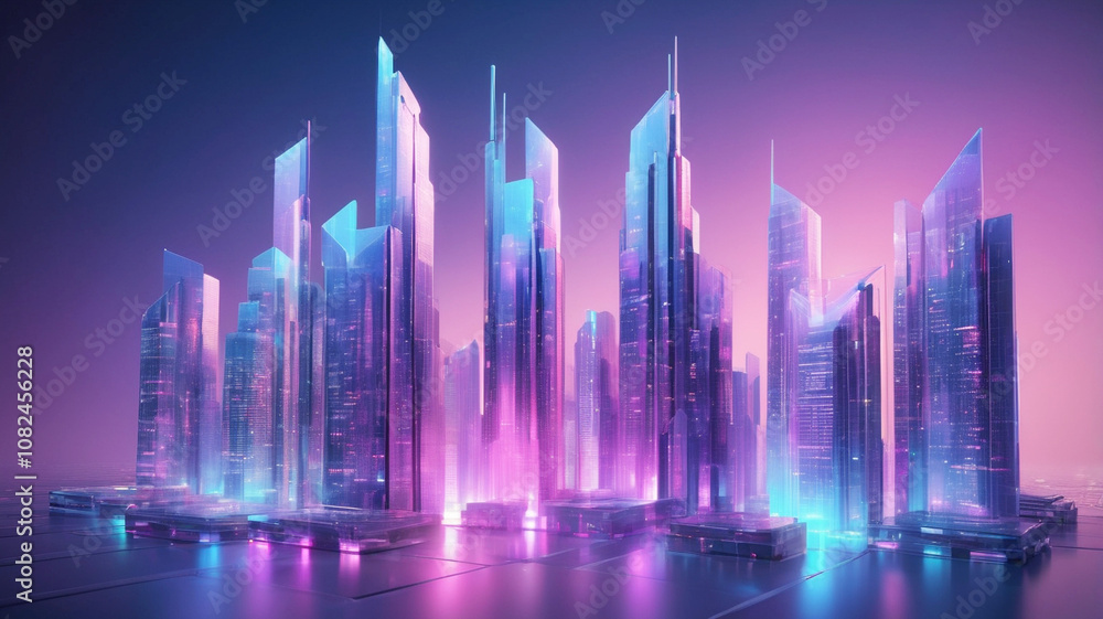 A futuristic 3D render of skyscrapers made from holographic materials, glowing in shades of blue, pink, and purple A futuristic 3D render of skyscrapers made from holographic materials, glowing in shades of blue, pink, and purple