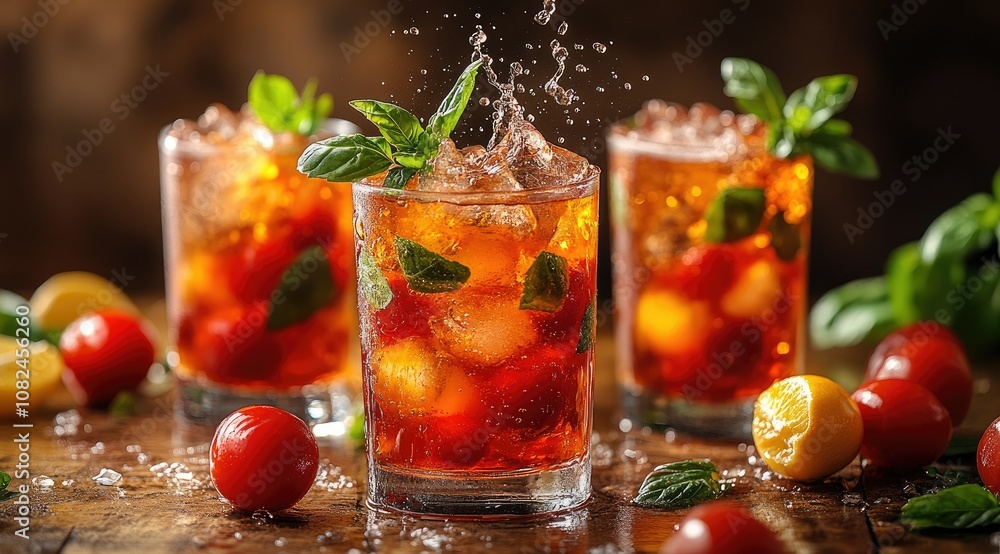 Refreshing summer drink with tomato, basil, and lemon in glasses with ice on wooden background. Refreshing summer drink with tomato, basil, and lemon in glasses with ice on wooden background.
