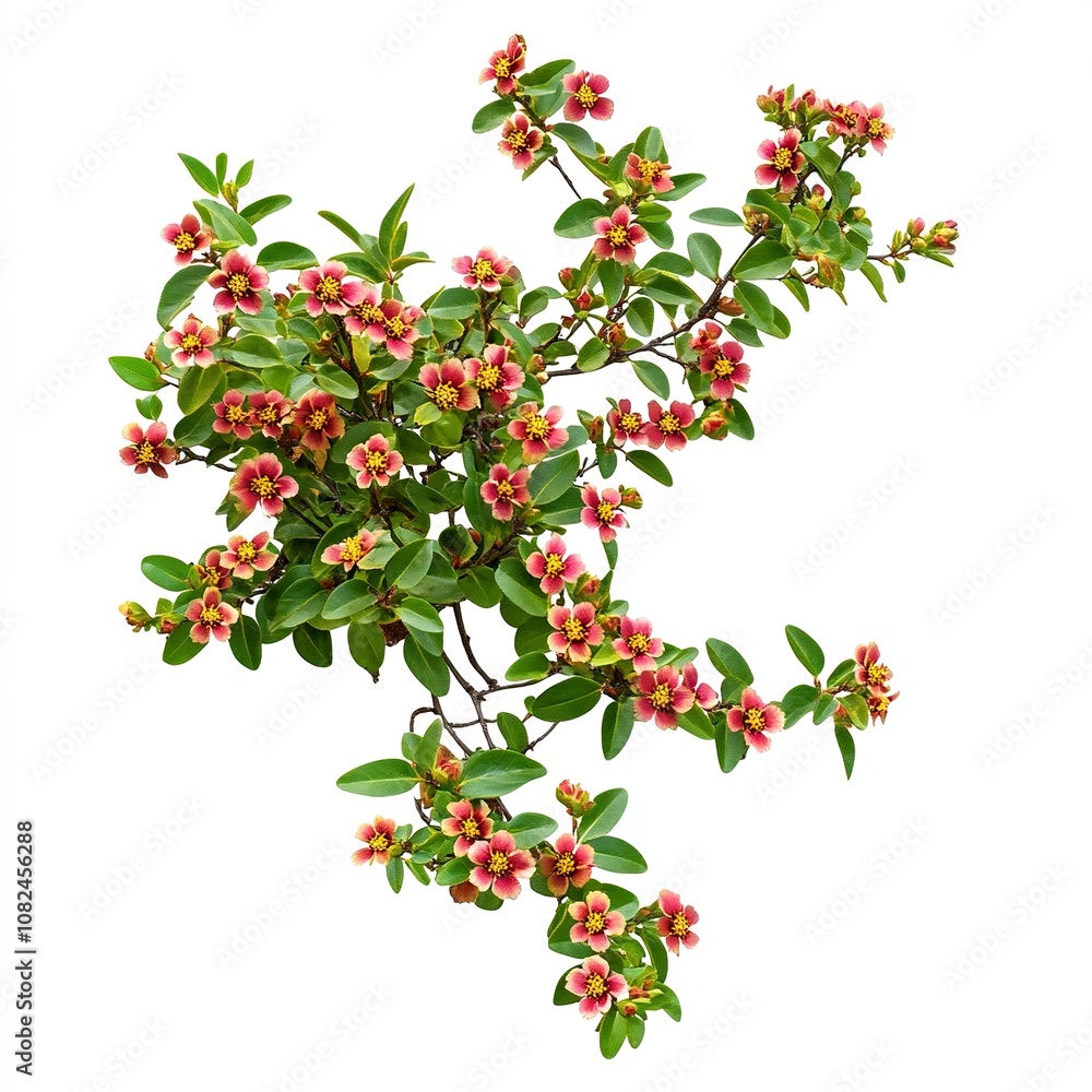Obraz premium Shrub with small red and yellow flowers, green leaves on a white background, cut out as a PNG file with a transparent background. generative ai