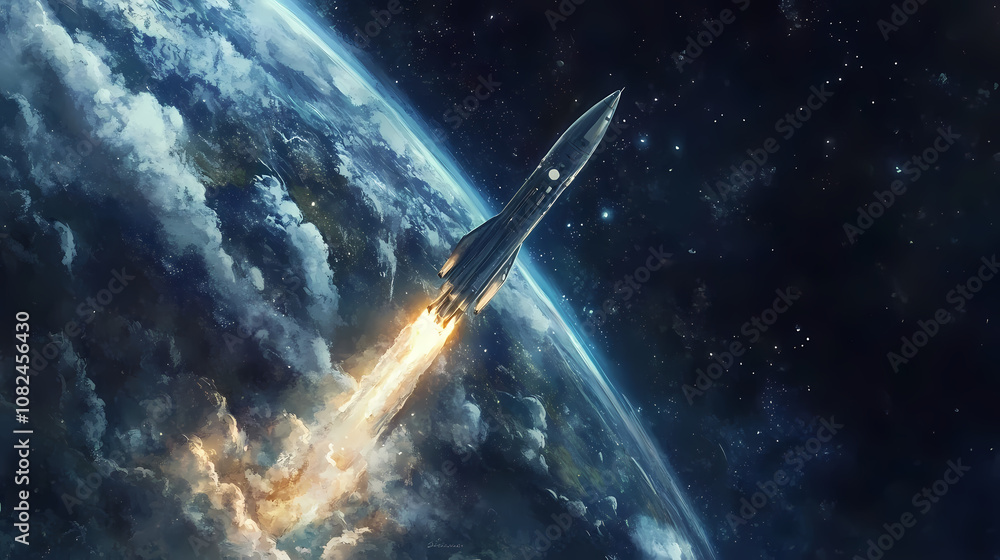 Obraz premium Rocket soaring into the depths of deep space, leaving the earth behind in pursuit of the unknown. Futurity. Illustration