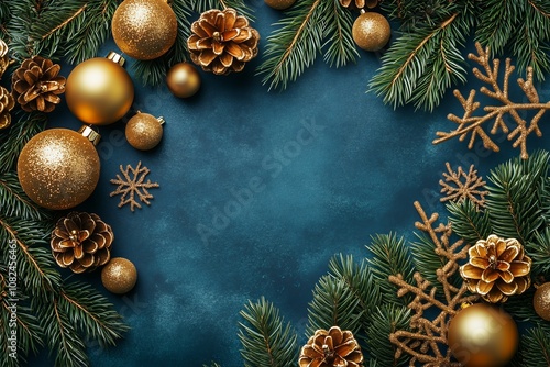 Minimalistic blue background with golden Christmas decorations, snowflakes, and balls. Flat lay, copy space concept for a New Year or Christmas card design, banner, web design, or advertising banner photo