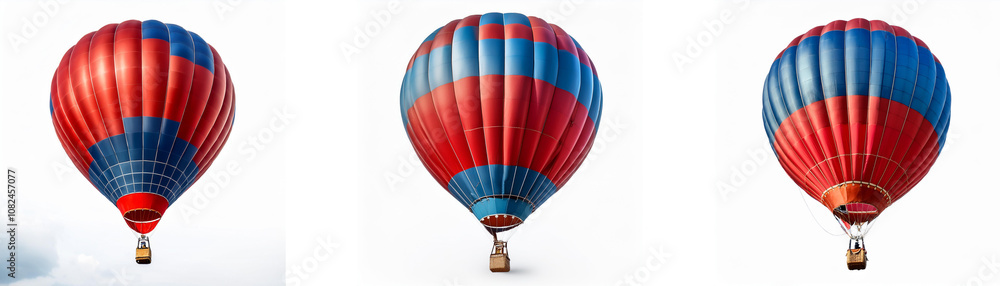 Fototapeta premium Three red and blue hot air balloons, with a white background, are arranged in a row.