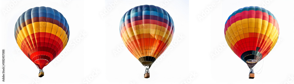 Fototapeta premium Three colorful hot air balloons with striped patterns against a white background.