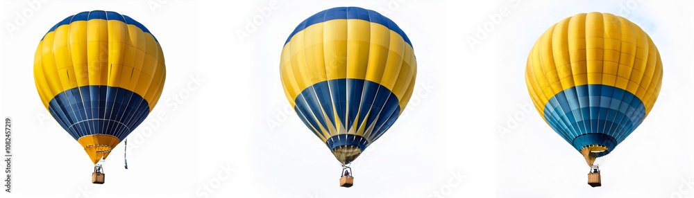 Fototapeta premium Three yellow and blue hot air balloons are displayed on a white background.