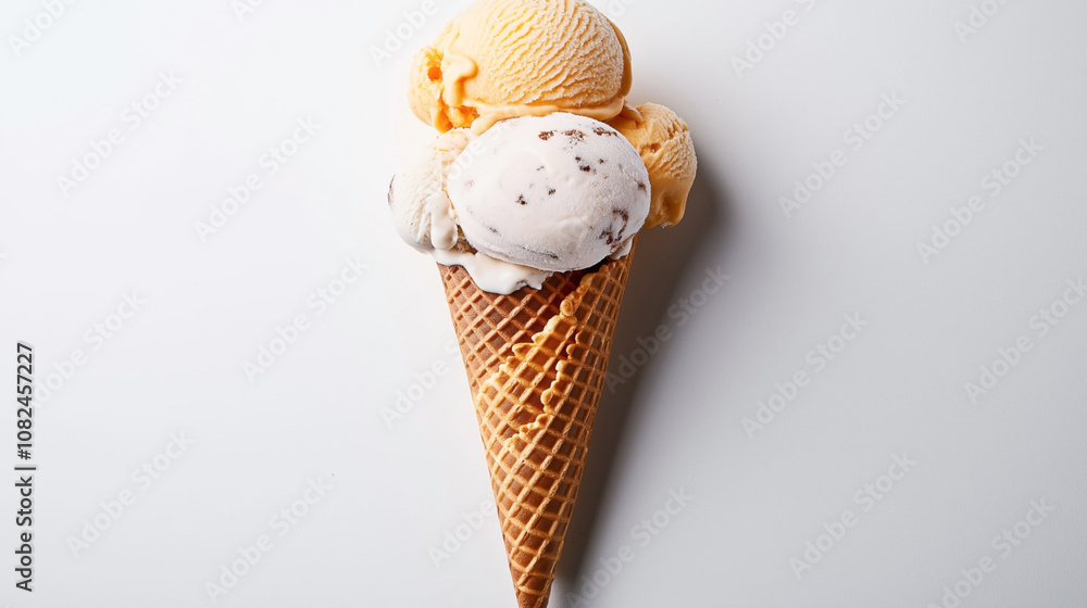 Ice cream cone with multiple scoops of different flavored ice cream on a plain white background