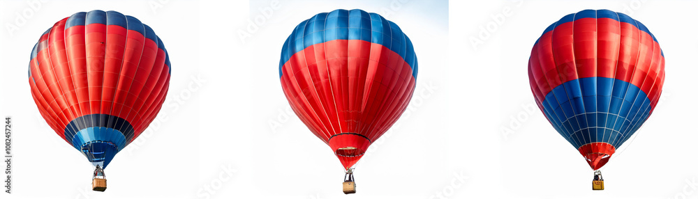 Fototapeta premium Three hot air balloons, red and blue, float against a white sky.