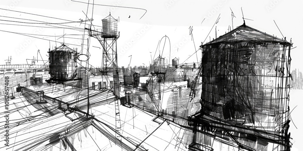 Fototapeta premium An urban sketch of a bridge over a river with cityscape in the background