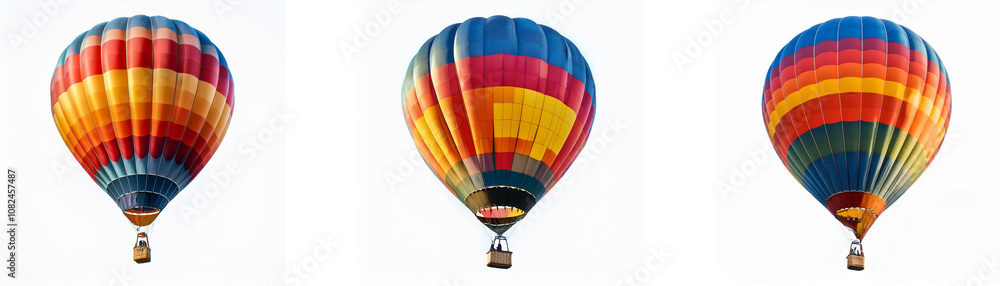 Fototapeta premium Three colorful hot air balloons are arranged in a row against a white background.