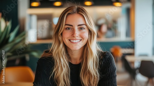 bright and cheerful photograph of a beautiful woman looking directly at the camera while sitting in a modern office, radiating positivity and confidence