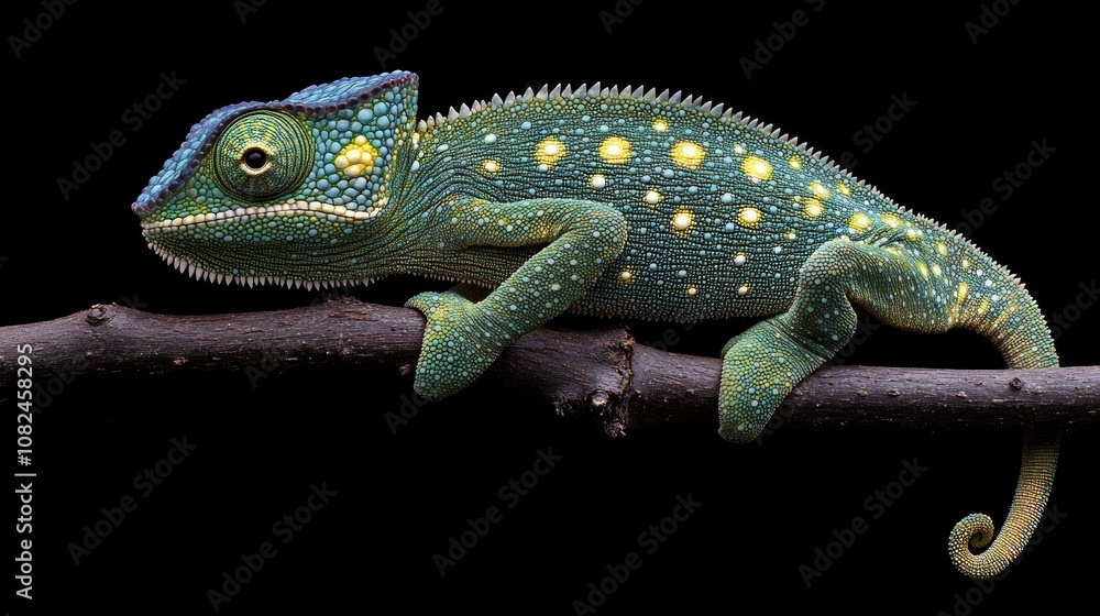 A vibrant green chameleon with yellow spots perched on a branch, isolated against a black background. A vibrant green chameleon with yellow spots perched on a branch, isolated against a black background.