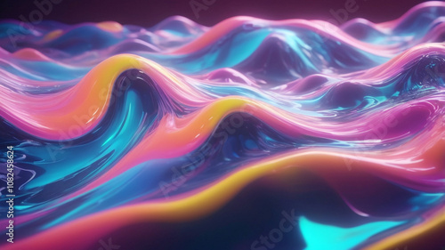 A mesmerizing 3D render of liquid light flowing in waves, with bright neon colors that blend and shift. The scene should capture the fluidity and transparency of light, creating a surreal, ethereal.