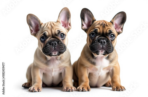 Two cute french bulldog puppies sitting on white background.