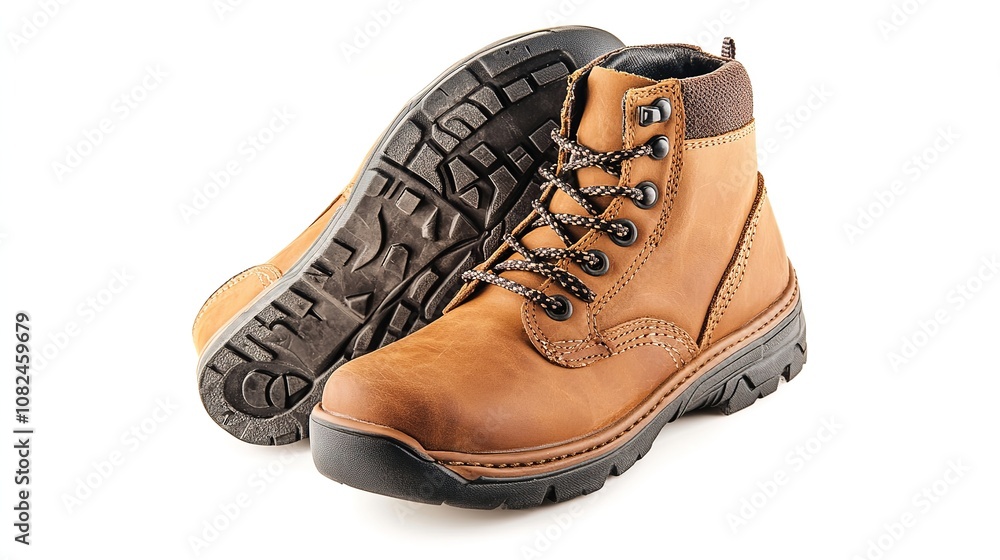 Brown Camel Pairs safety leather shoes white background, Work shoes for men in factory or industry to protect foot from accident. Safety footwear. Oil and acid resistant shoes 4k high-resolution